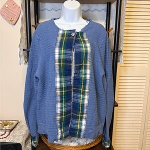 Upcycled Blue Knit Cardigan with Plaid Flannel Trim Reworked Vintage Sweater